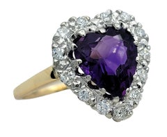 Heart Shaped Amethyst and Diamond Halo Cocktail Ring in 14 Karat Yellow Gold