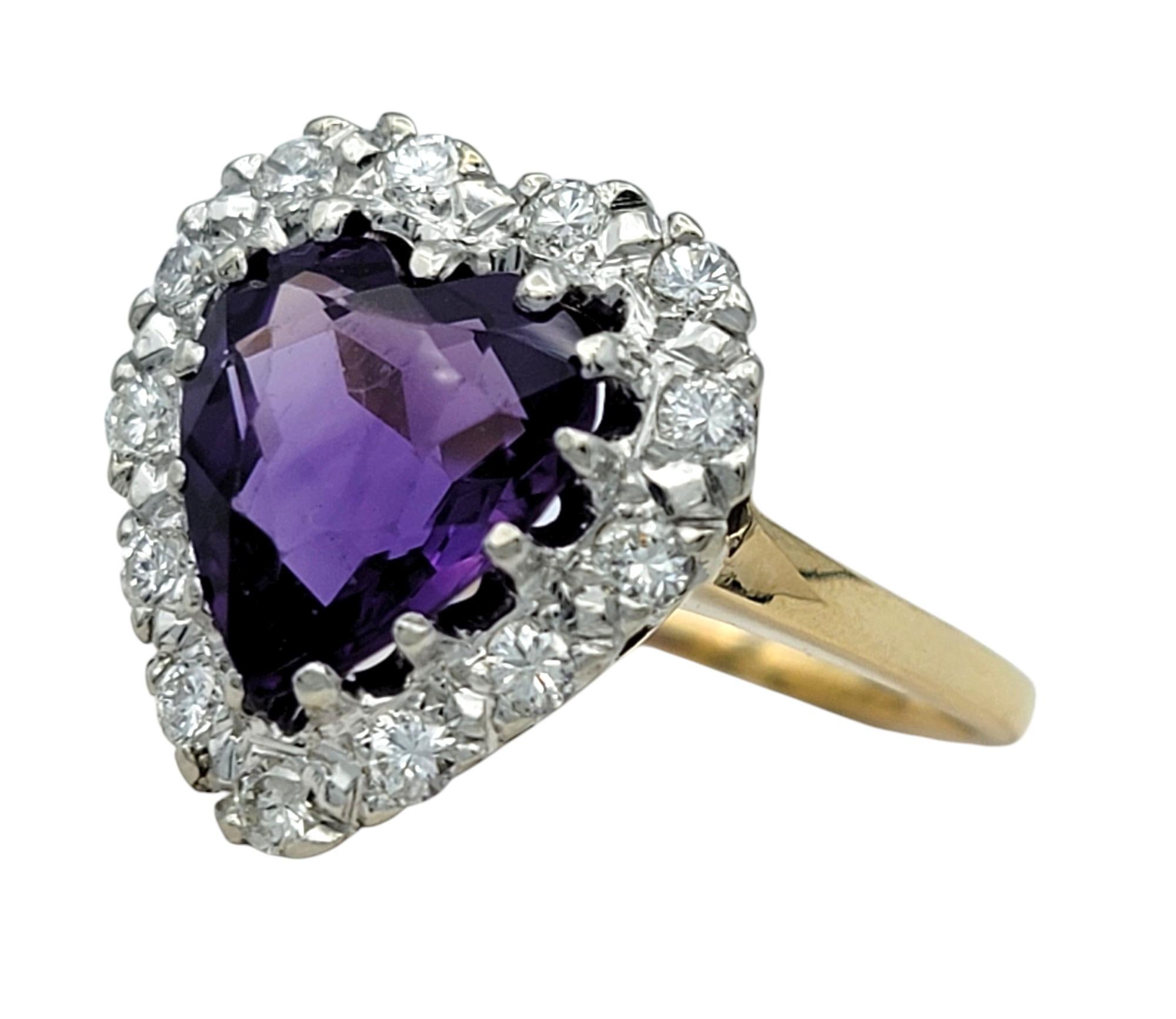 Contemporary Heart Shaped Amethyst and Diamond Halo Cocktail Ring in 14 Karat Yellow Gold For Sale