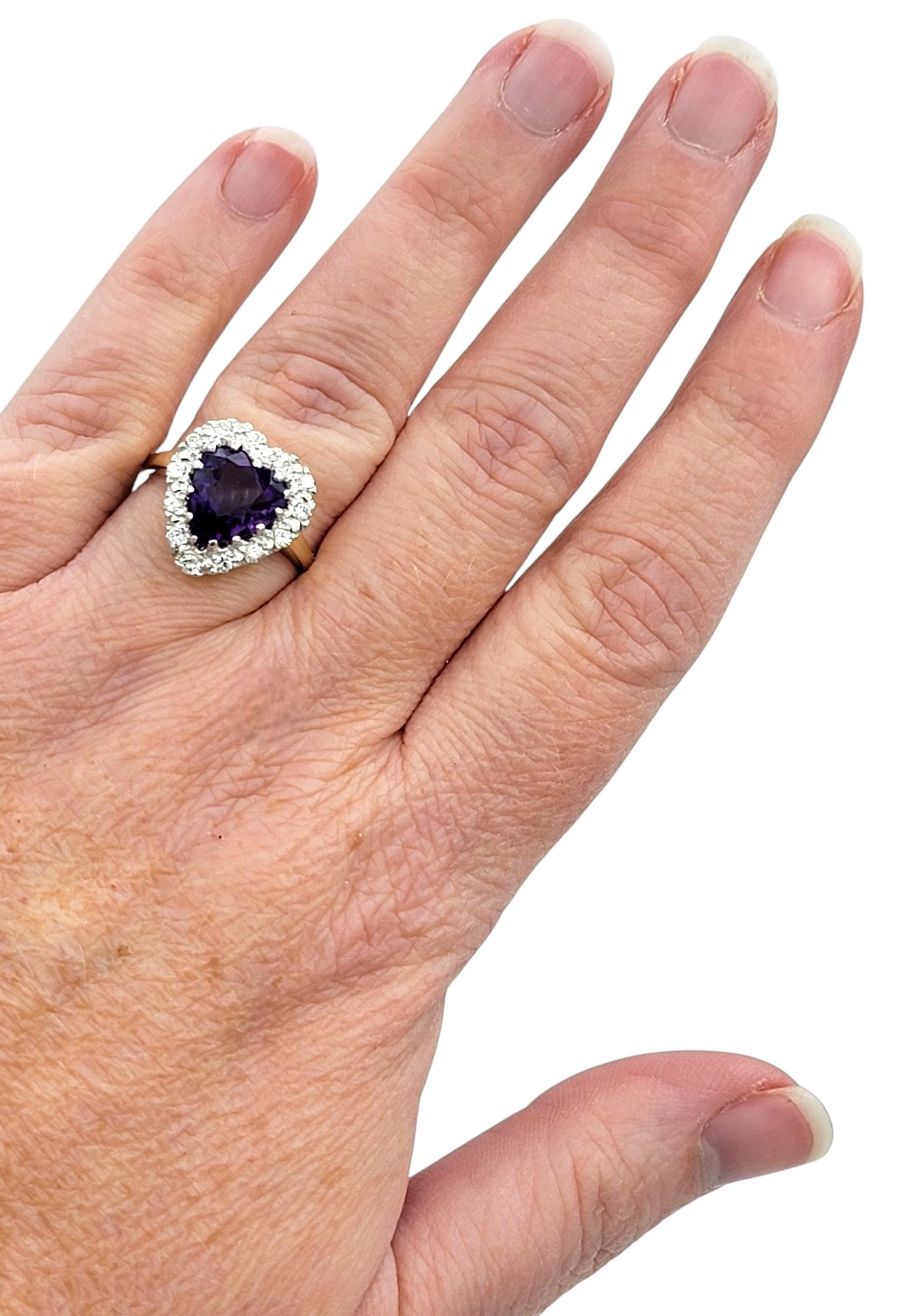 Heart Shaped Amethyst and Diamond Halo Cocktail Ring in 14 Karat Yellow Gold For Sale 1