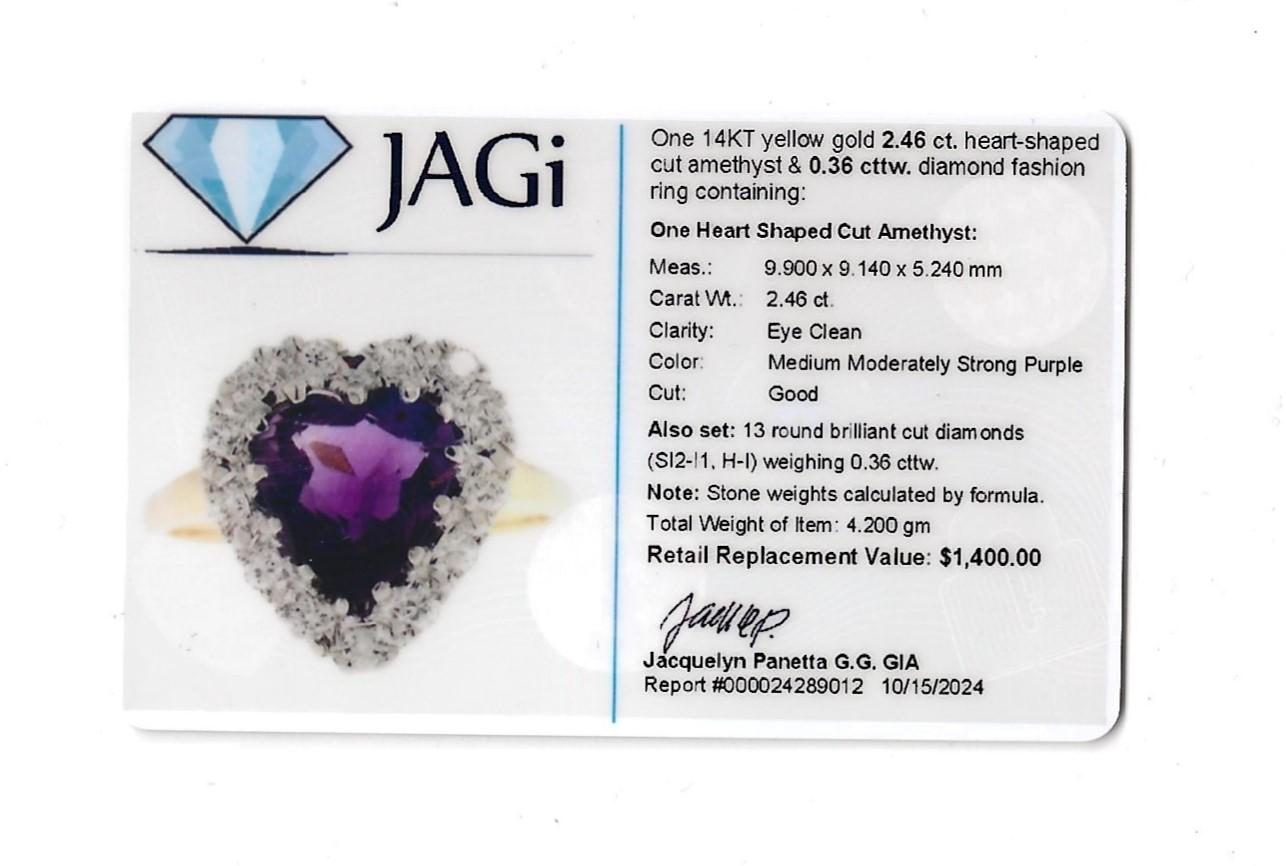Heart Shaped Amethyst and Diamond Halo Cocktail Ring in 14 Karat Yellow Gold For Sale 3