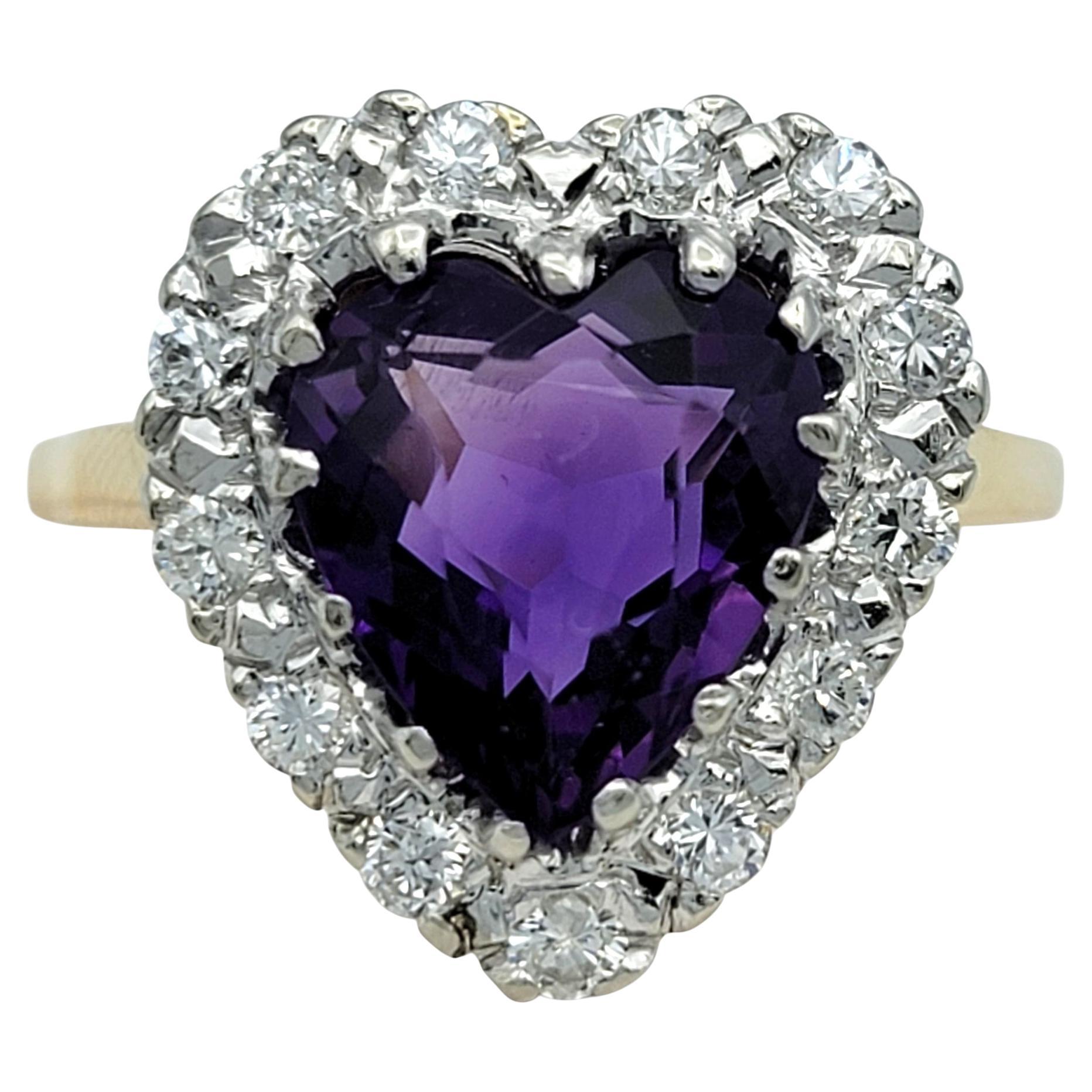 Heart Shaped Amethyst and Diamond Halo Cocktail Ring in 14 Karat Yellow Gold