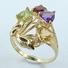 Heart Shaped Amethyst, Citrine, Garnet, Peridot Flower Bouquet Ring in 14k Gold
