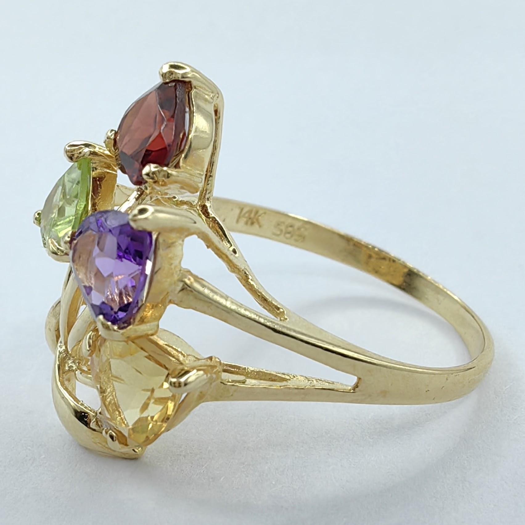 Contemporary Heart Shaped Amethyst, Citrine, Garnet, Peridot Flower Bouquet Ring in 14k Gold For Sale