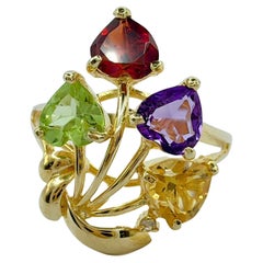 Retro Heart Shaped Amethyst, Citrine, Garnet, Peridot Flower Bouquet Ring in 14k Gold