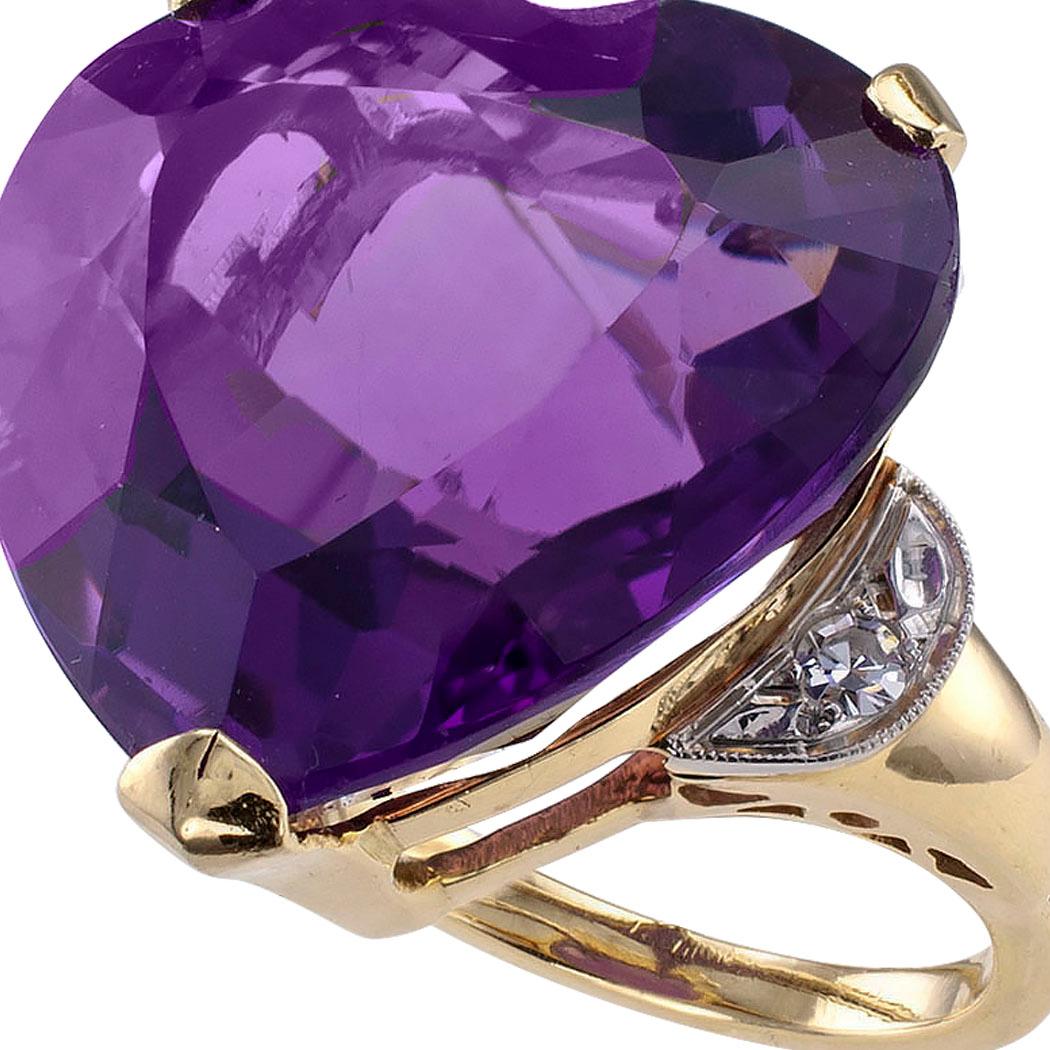 Heart Shaped Amethyst Diamond Gold Cocktail Ring 2