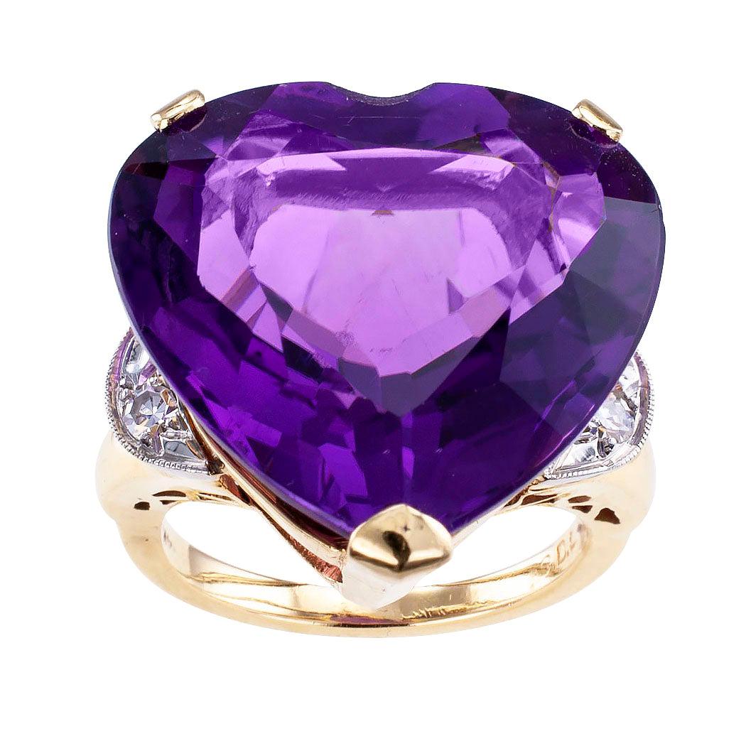 Heart Shaped Amethyst Diamond Gold Cocktail Ring at 1stDibs
