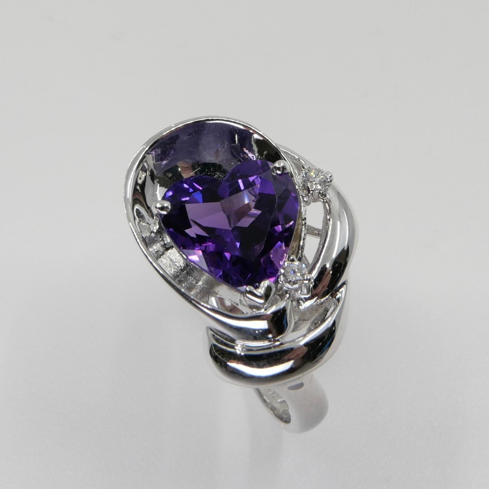 Heart Shaped Amethyst & Diamond Ring For Sale 8