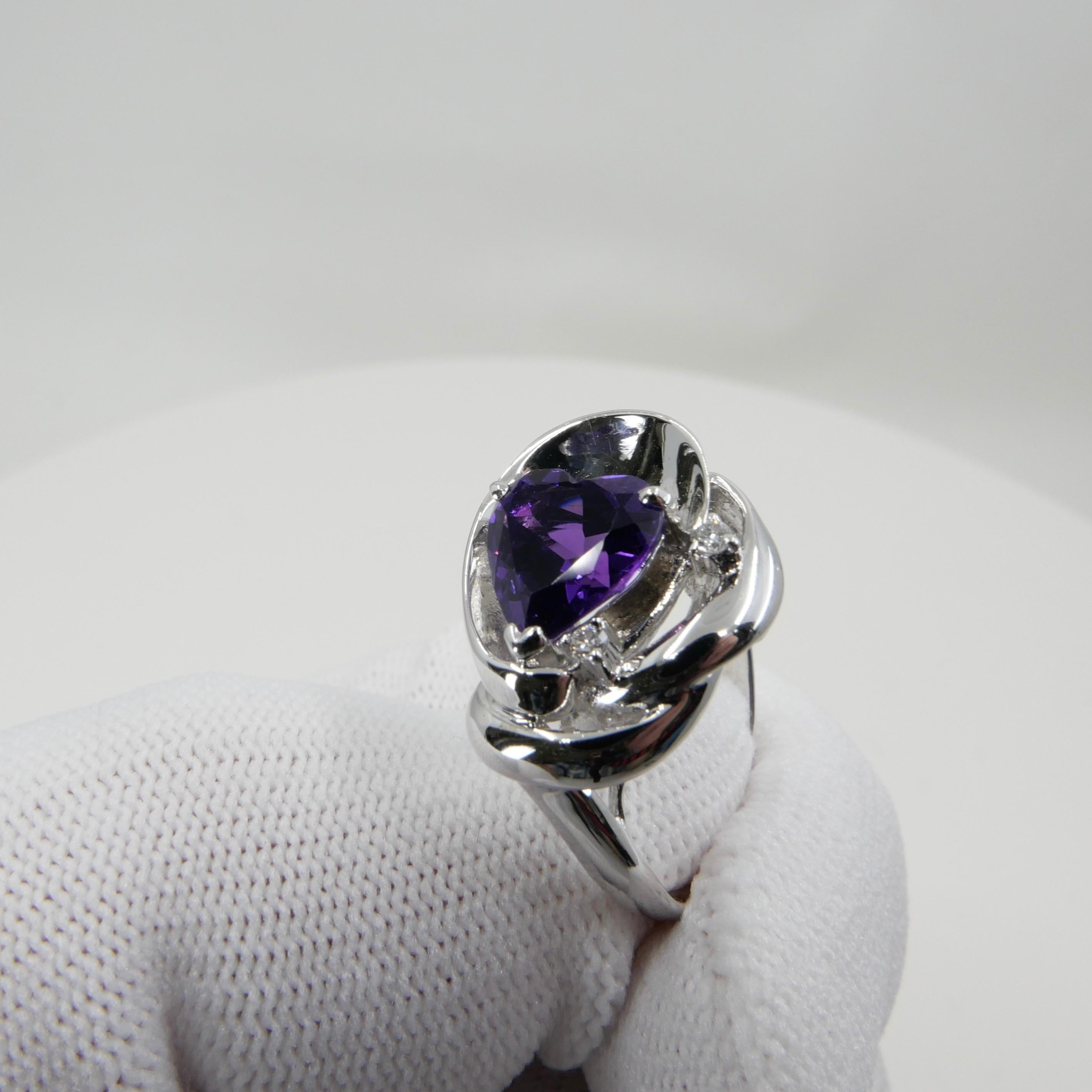 Heart Shaped Amethyst & Diamond Ring For Sale 10