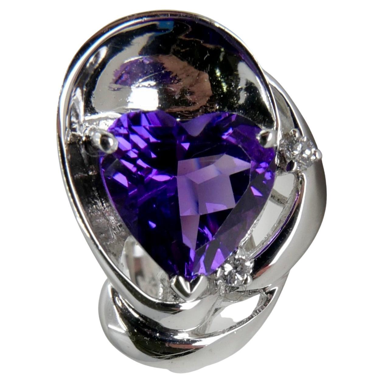Heart Shaped Amethyst & Diamond Ring For Sale