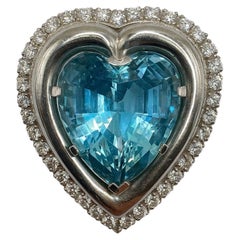 Heart-Shaped Aquamarine and Diamond Pendant-Brooch in Platinum and 14K Gold