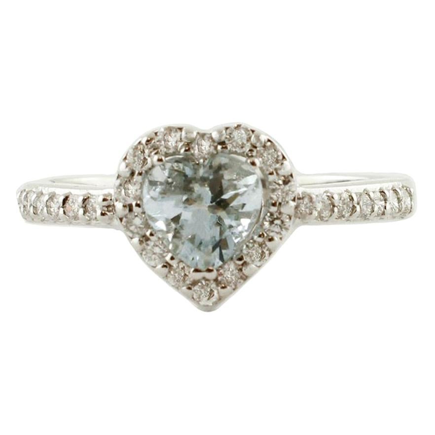 Heart-Shaped Aquamarine, Diamonds, 18 Karat White Gold Ring For Sale