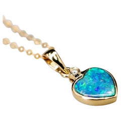 Heart Shaped Australian Doublet Opal Diamond Pendant Necklace 14k Yellow Gold