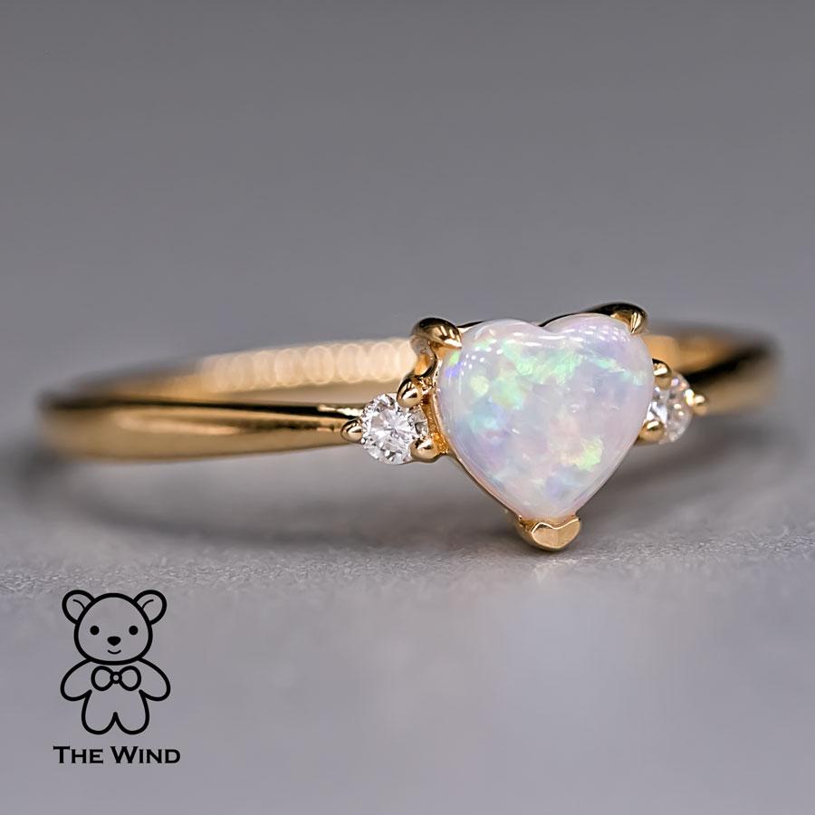 Brilliant Cut Heart Shaped Australian Solid Opal & Diamond Engagement Ring 18K Yellow Gold For Sale