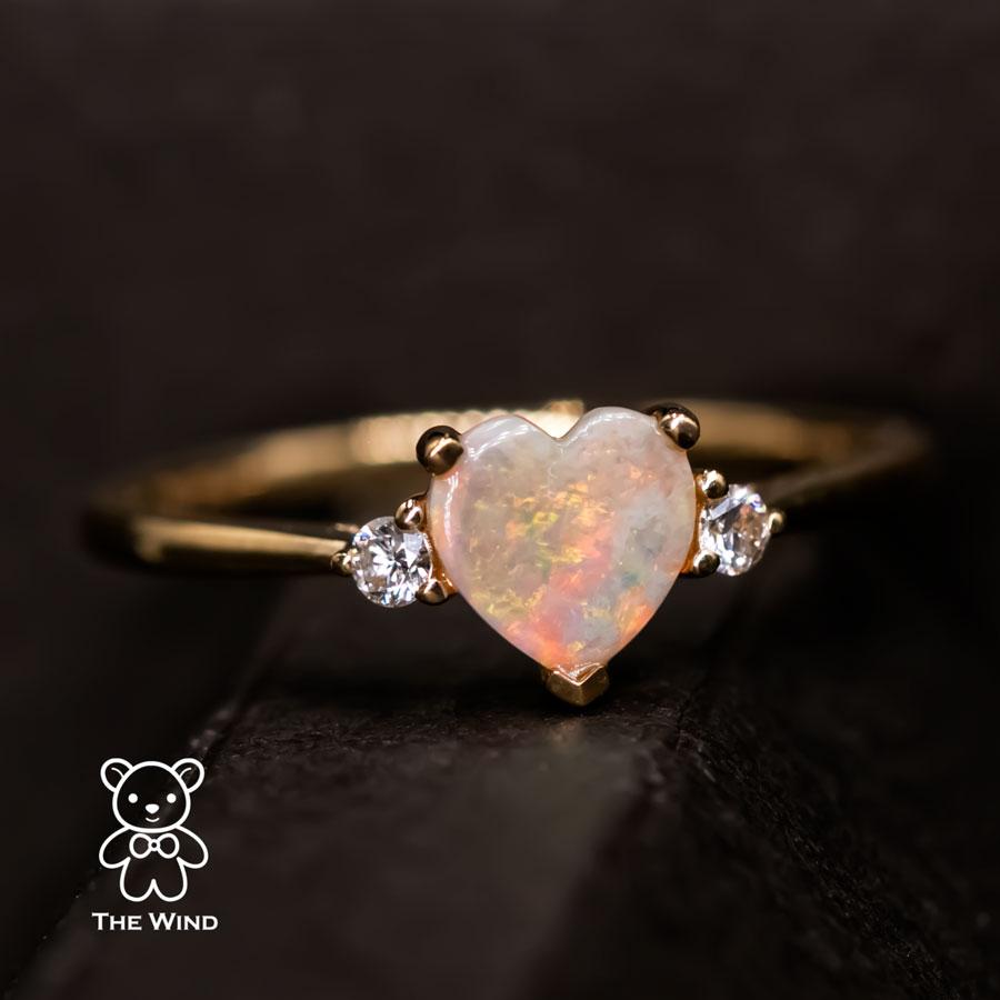 Brilliant Cut Heart Shaped Australian Solid Opal & Diamond Engagement Ring 18K Yellow Gold For Sale