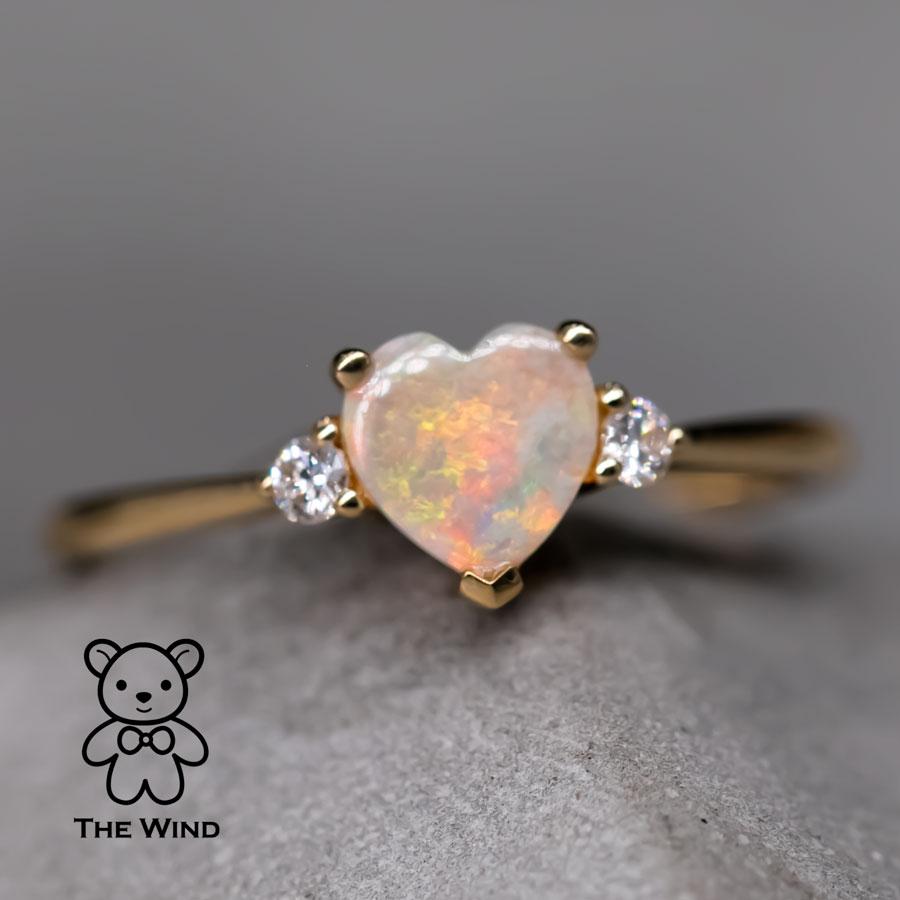 Women's Heart Shaped Australian Solid Opal & Diamond Engagement Ring 18K Yellow Gold For Sale