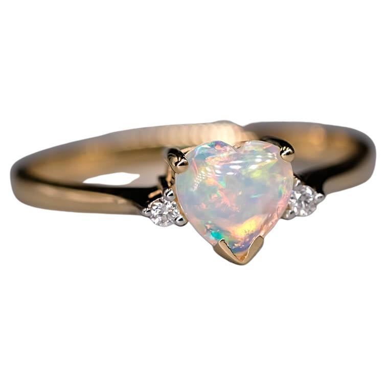 Heart Shaped Australian Solid Opal & Diamond Engagement Ring 18K Yellow Gold For Sale