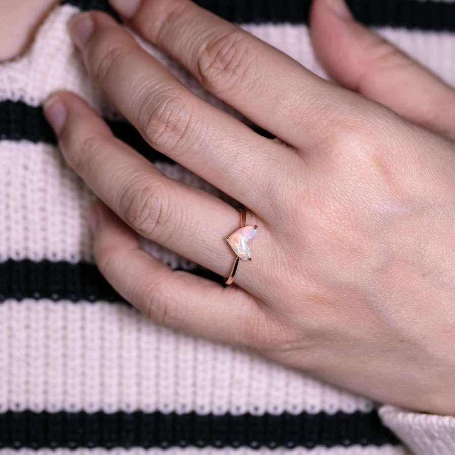 Arts and Crafts Heart Shaped Australian White Opal Engagement Ring 18K Yellow Gold