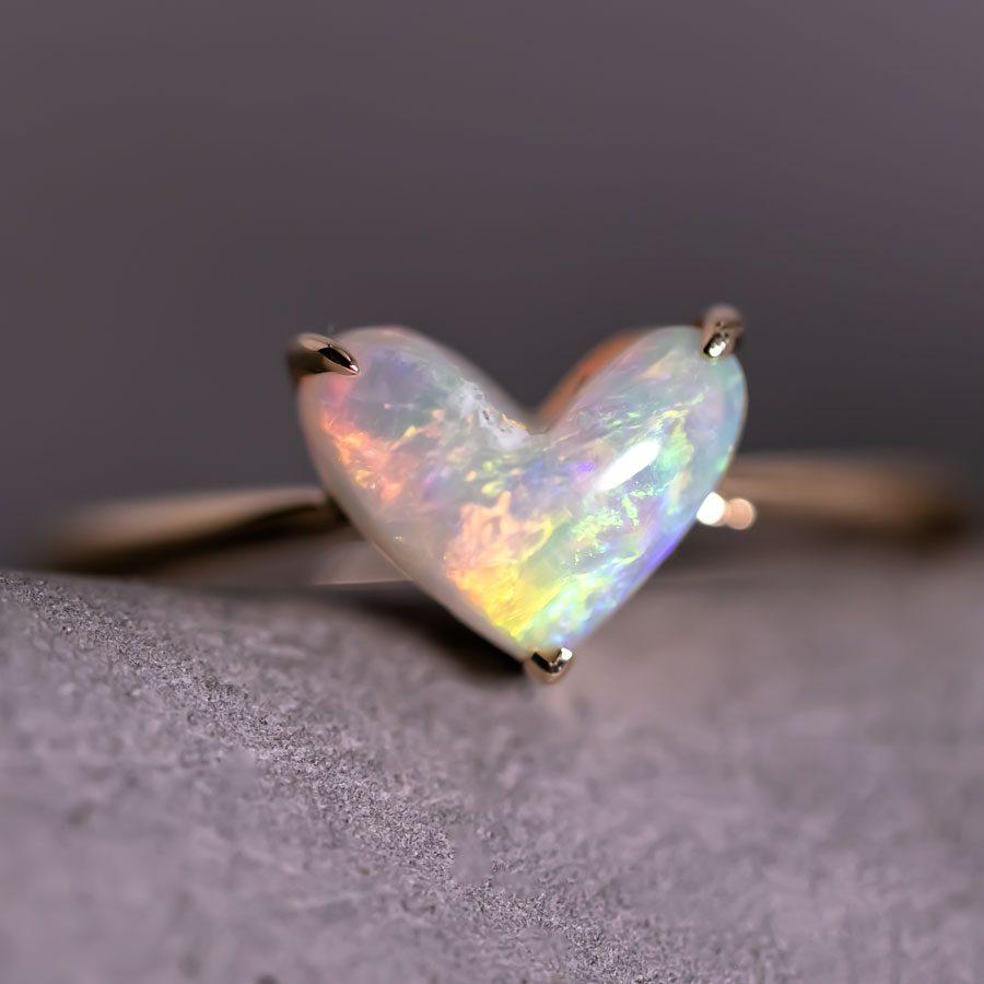 Brilliant Cut Heart Shaped Australian White Opal Engagement Ring 18K Yellow Gold