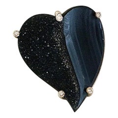 Heart-Shaped Black Onyx Drusy with Diamonds Pendant or Brooch