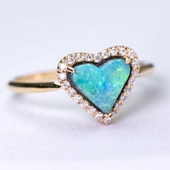 Heart Shaped Australian Black Opal Halo Diamond Engagement Ring 18k Yellow Gold