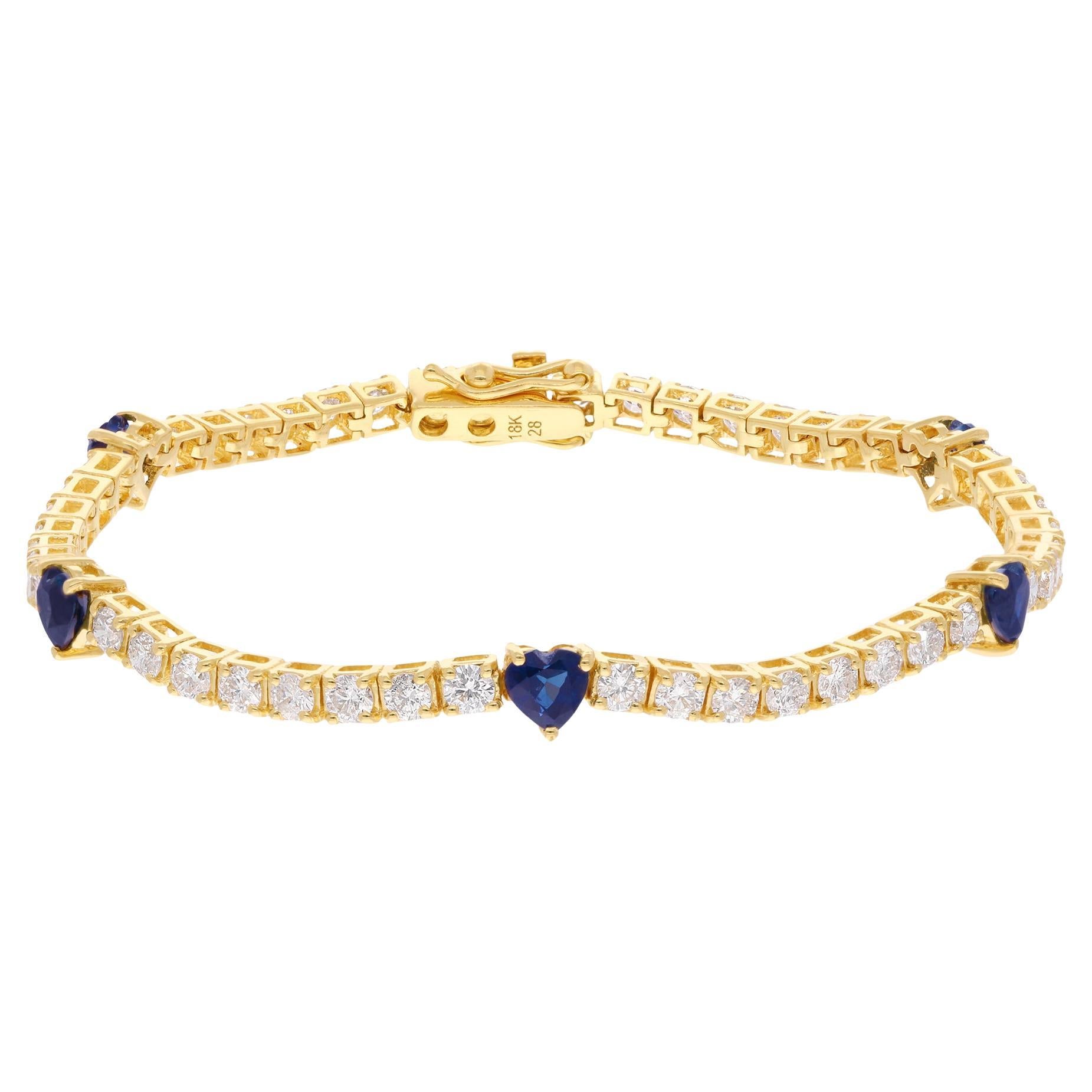 Heart Shaped Blue Sapphire Accents Diamond Bracelet 14K Yellow Gold Fine Jewelry