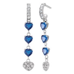 Six Heart-Shaped Blue Sapphire and Diamond White Gold Hoop Drop Earrings