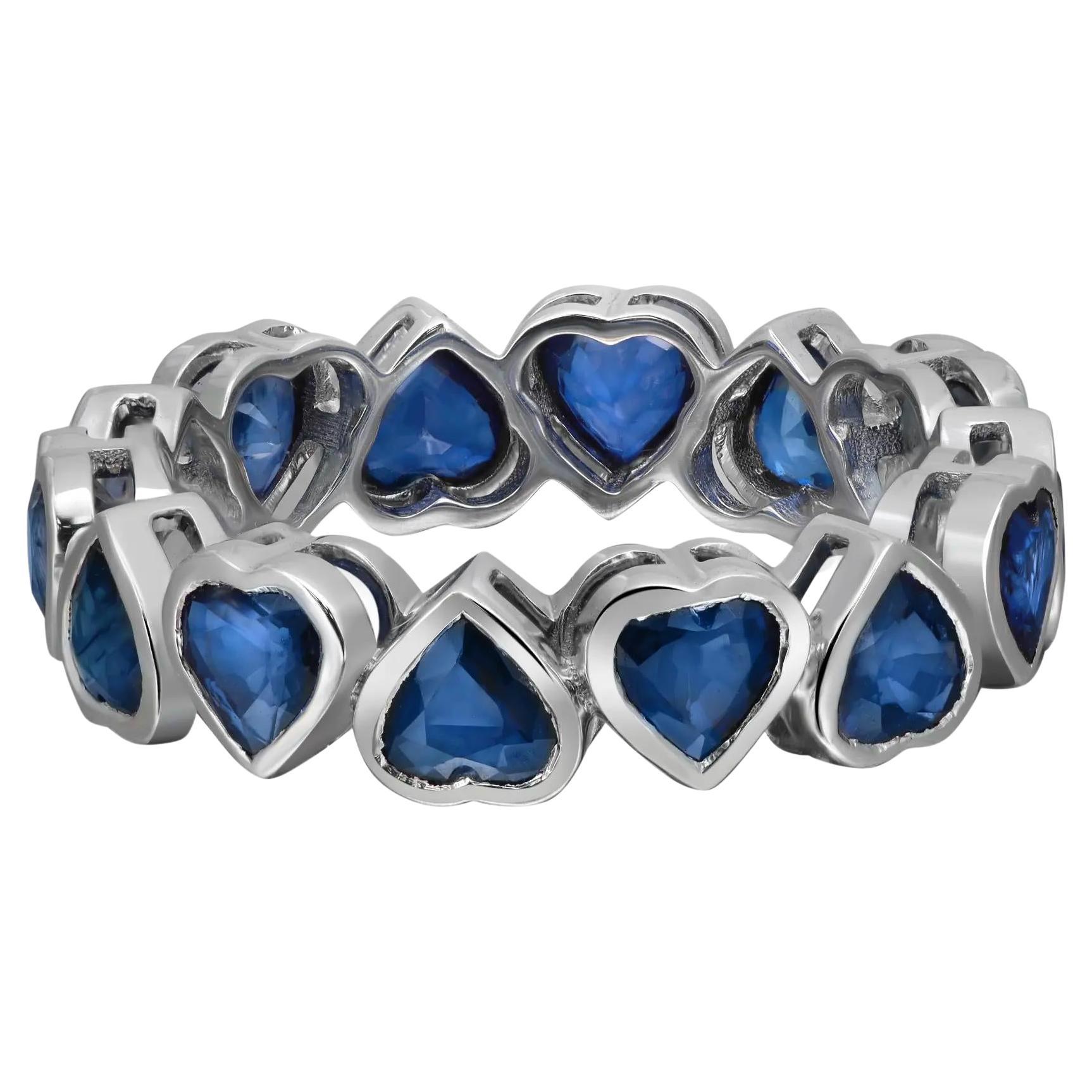 Heart Shaped Blue Sapphire Eternity Band Ring 14K White Gold 4.27Cttw Size 7