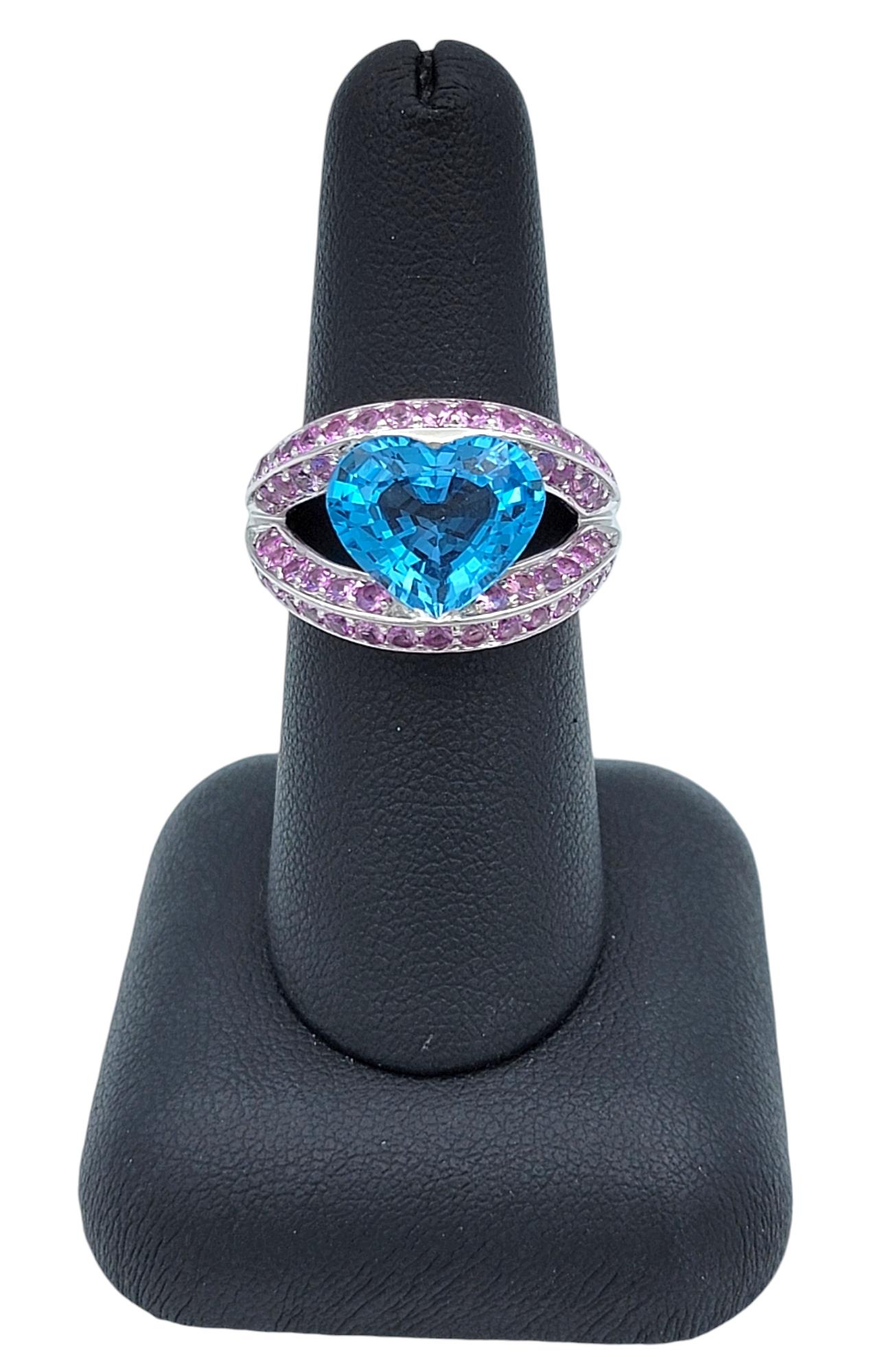 Heart Shaped Blue Topaz Split Shank White Gold Cocktail Ring with Pink Sapphires For Sale 5