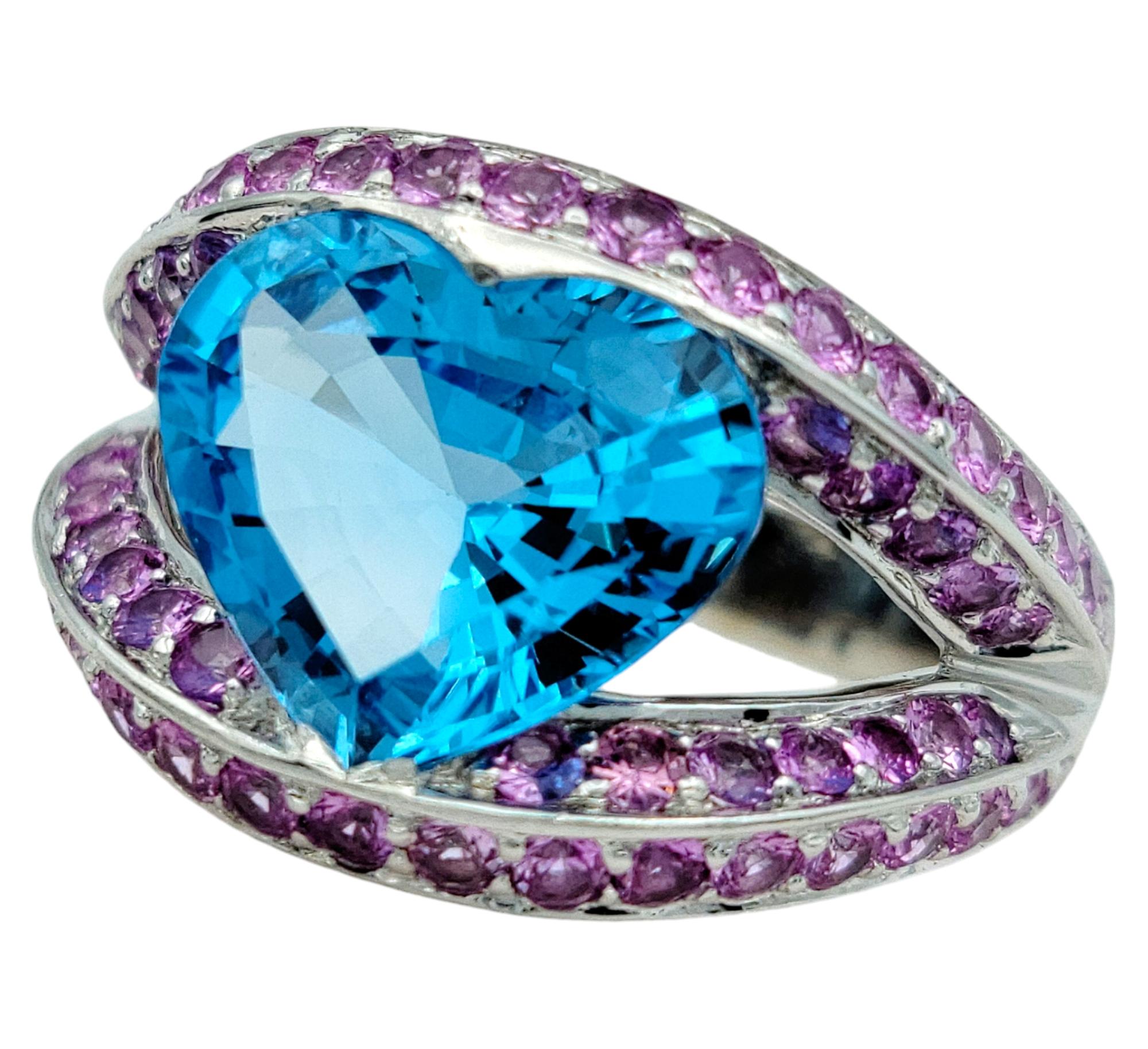 Heart Cut Heart Shaped Blue Topaz Split Shank White Gold Cocktail Ring with Pink Sapphires For Sale