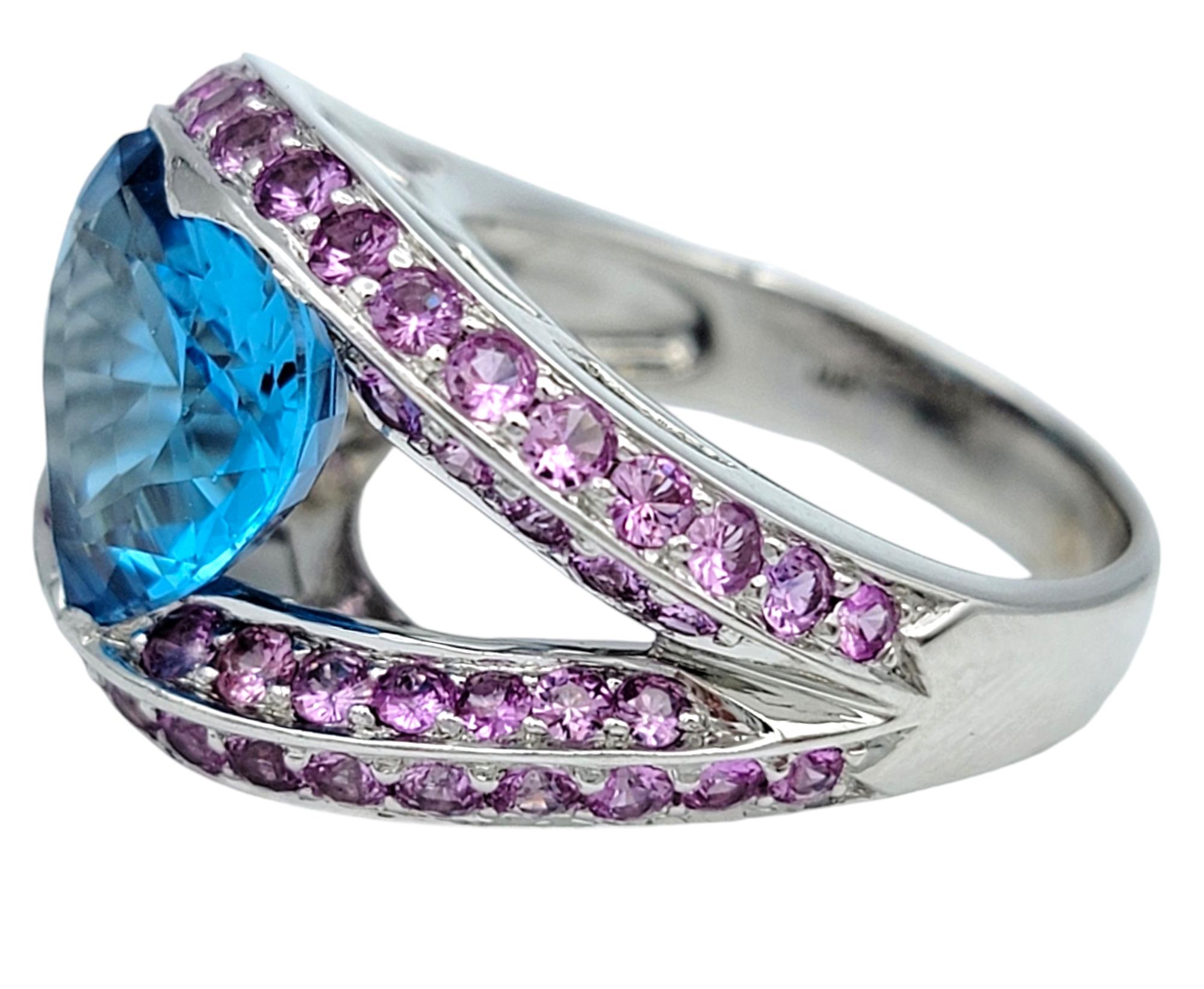 Heart Shaped Blue Topaz Split Shank White Gold Cocktail Ring with Pink Sapphires In Good Condition For Sale In Scottsdale, AZ