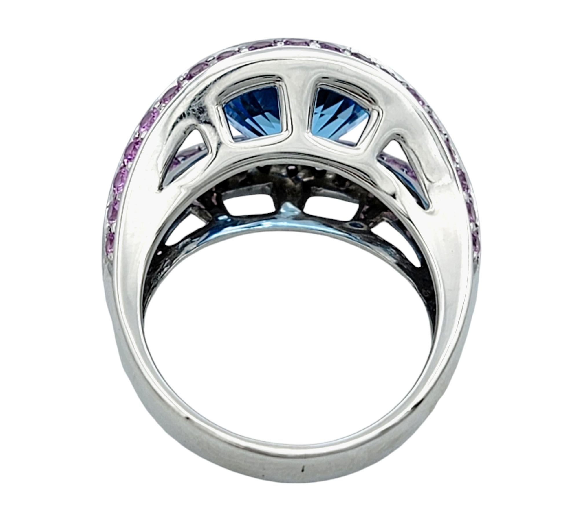 Heart Shaped Blue Topaz Split Shank White Gold Cocktail Ring with Pink Sapphires For Sale 1