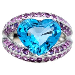 Heart Shaped Blue Topaz Split Shank White Gold Cocktail Ring with Pink Sapphires