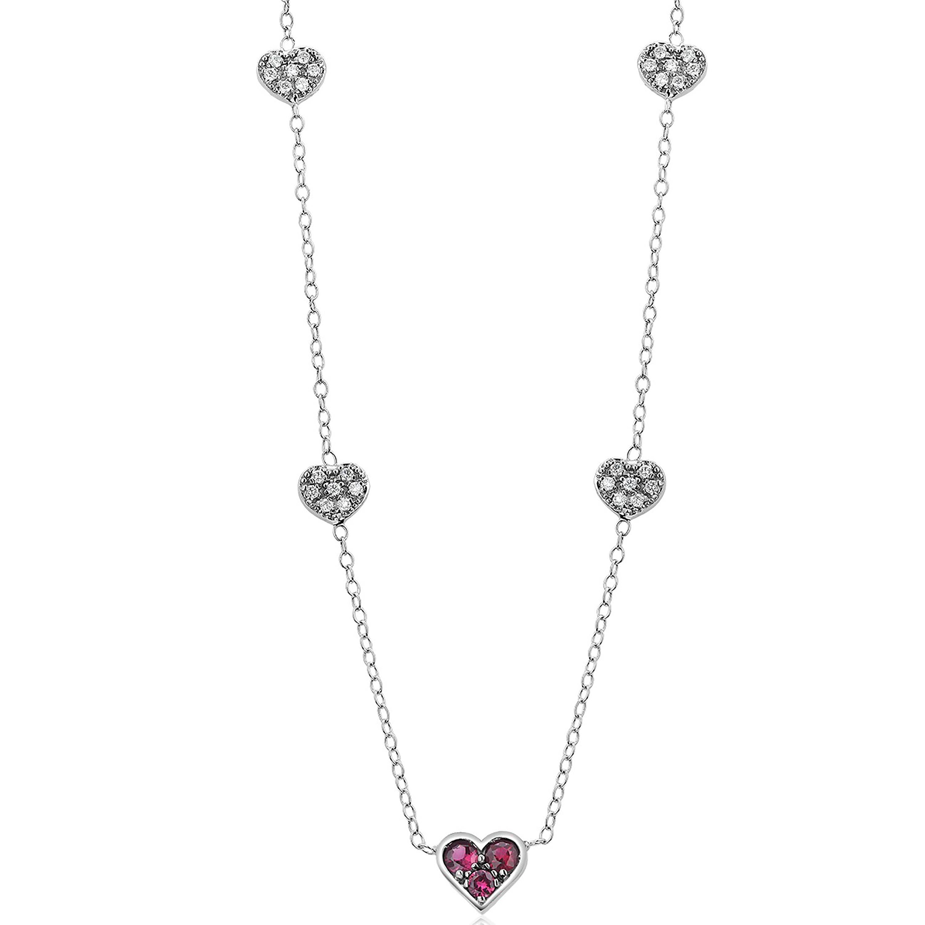 White Gold Heart Shaped Ruby Charm and Five Diamond Station Charms Neck In New Condition In New York, NY