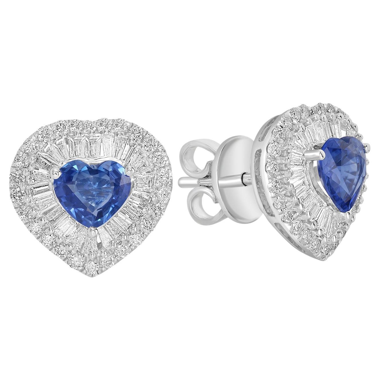 Borchie minime a forma di cuore con zaffiro blu di Ceylon e diamanti in 18 carati in vendita