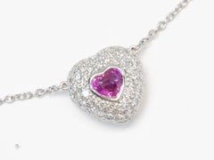 Heart Shaped Ceylon Pink Sapphire and Diamond Paved Platinum Heart Pendant