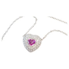 Heart Shaped Ceylon Pink Sapphire and Diamond Paved Platinum Heart Pendant