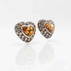 Heart-Shaped Citrine and Brown Diamond Earrings in 18K White Gold, 2002
