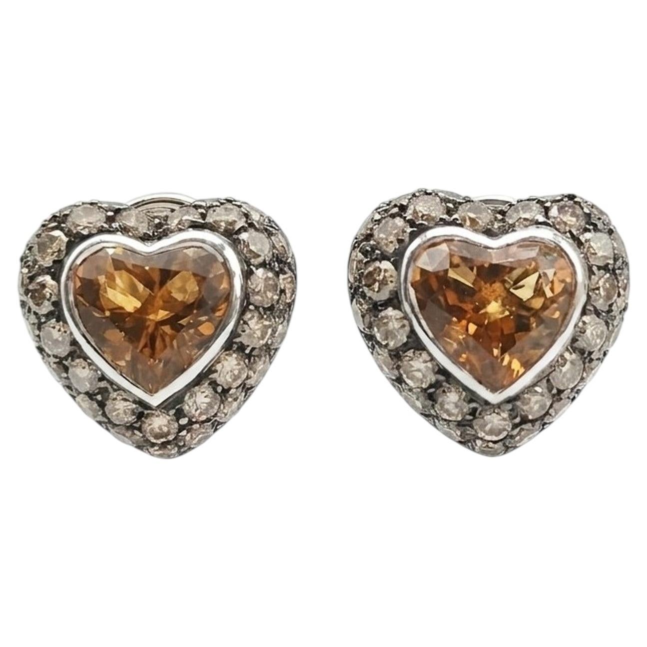 Heart-Shaped Citrine and Brown Diamond Earrings in 18K White Gold, 2002
