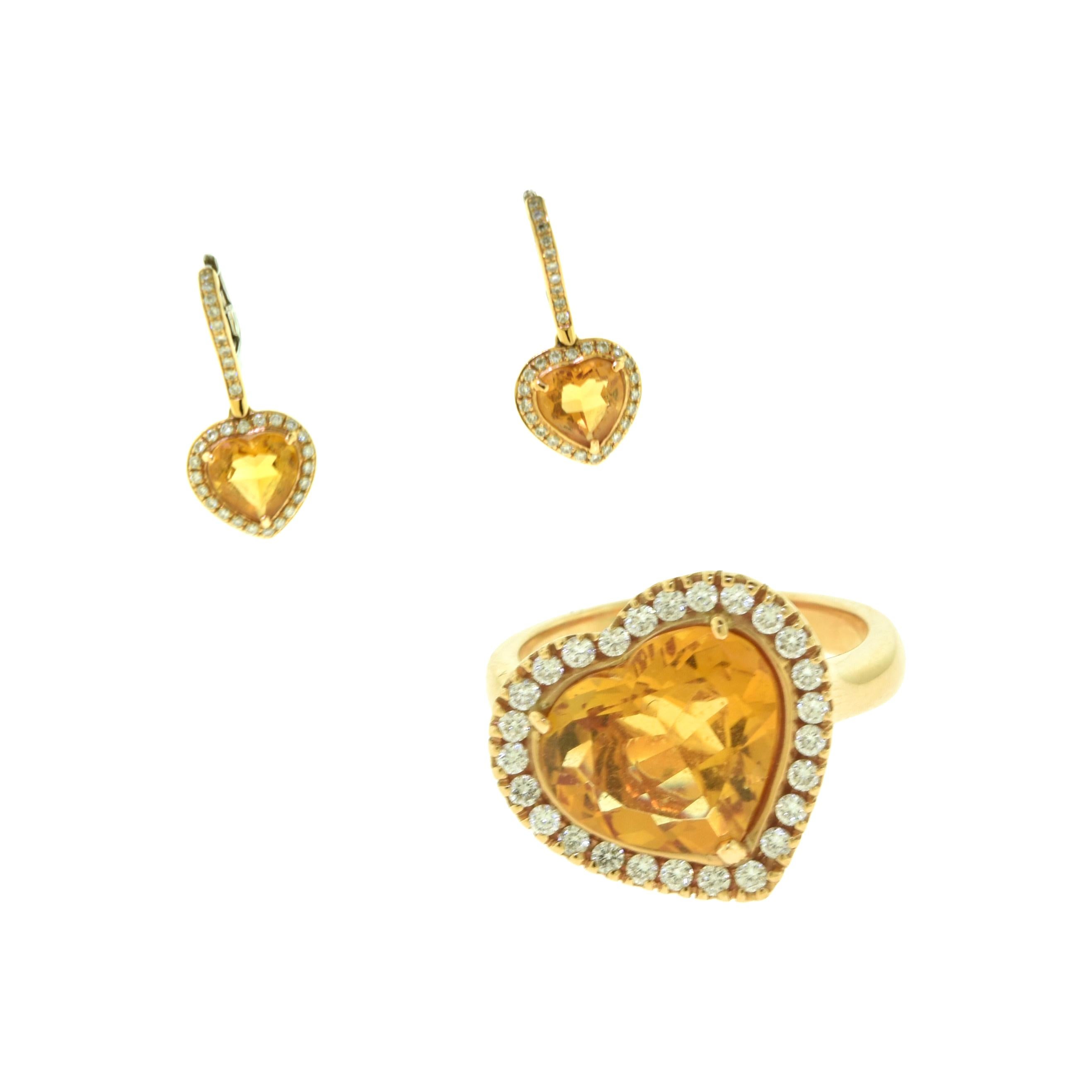 Heart-Shaped Citrine Round Diamond Ring and Earring Set For Sale