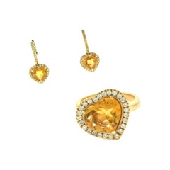 Set aus Ring und Ohrring in Herzform mit rundem Citrin und rundem Diamanten