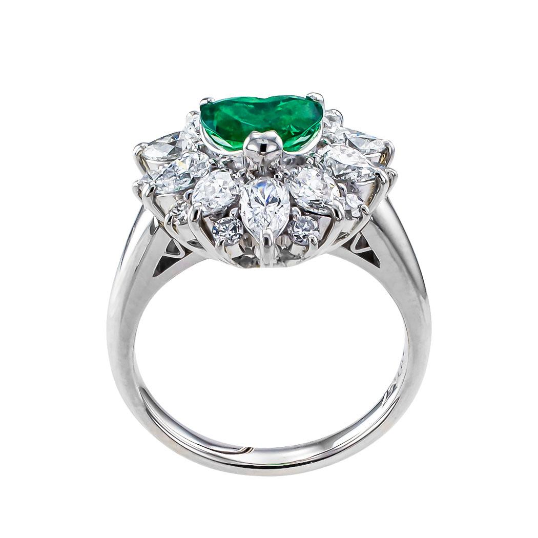 Heart Cut Heart Shaped Colombian Emerald Diamond Platinum Ring