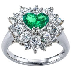 Heart Shaped Colombian Emerald Diamond Platinum Ring