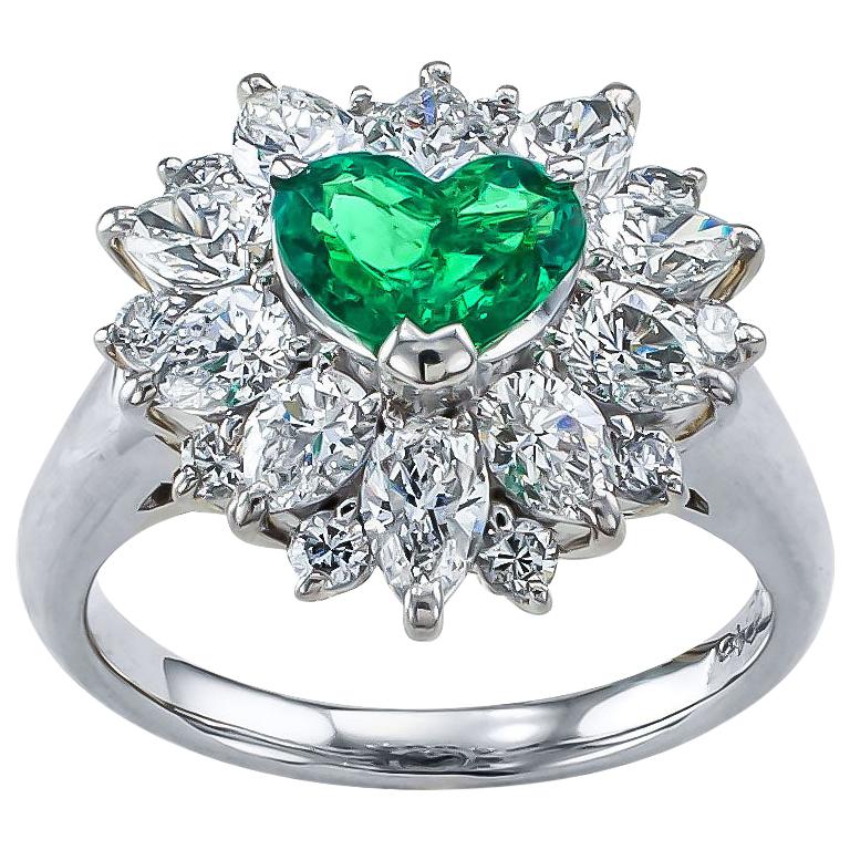 Heart Shaped Colombian Emerald Diamond Platinum Ring For Sale