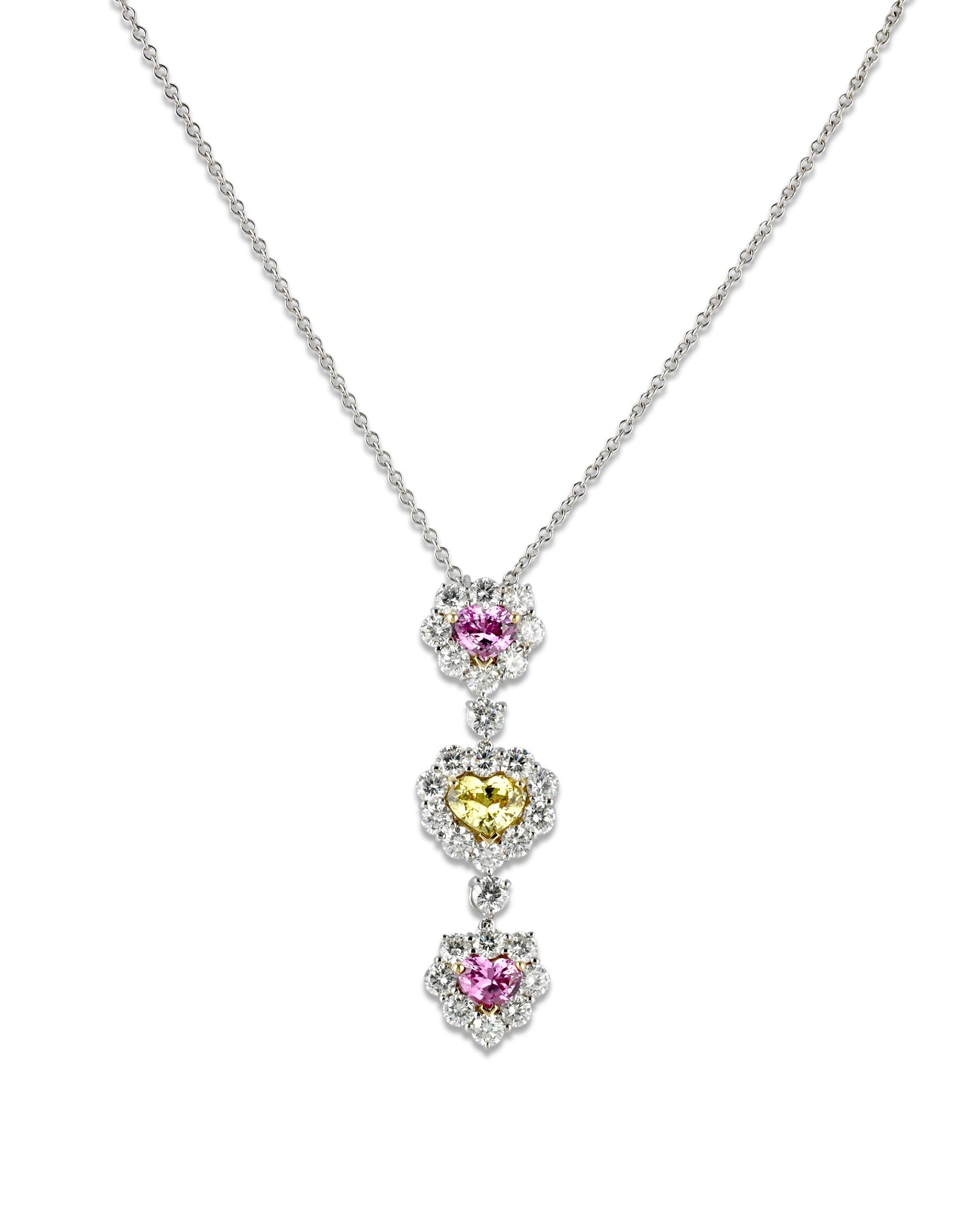 Heart Cut Heart-Shaped Colored Sapphire Necklace, 3.20 Carats