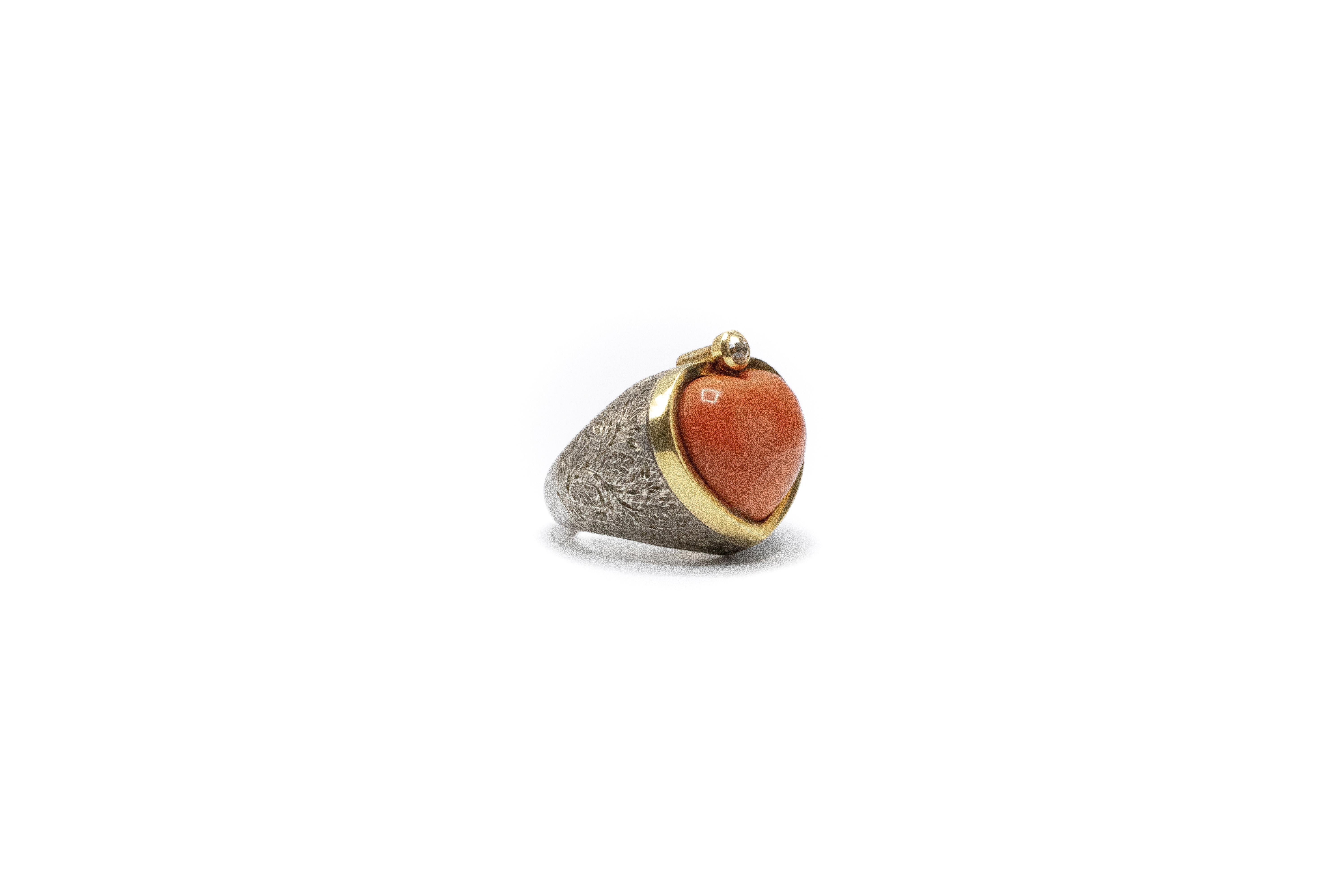 Modern Heart Shaped Coral Diamond Silver 18 Karat Gold Ring