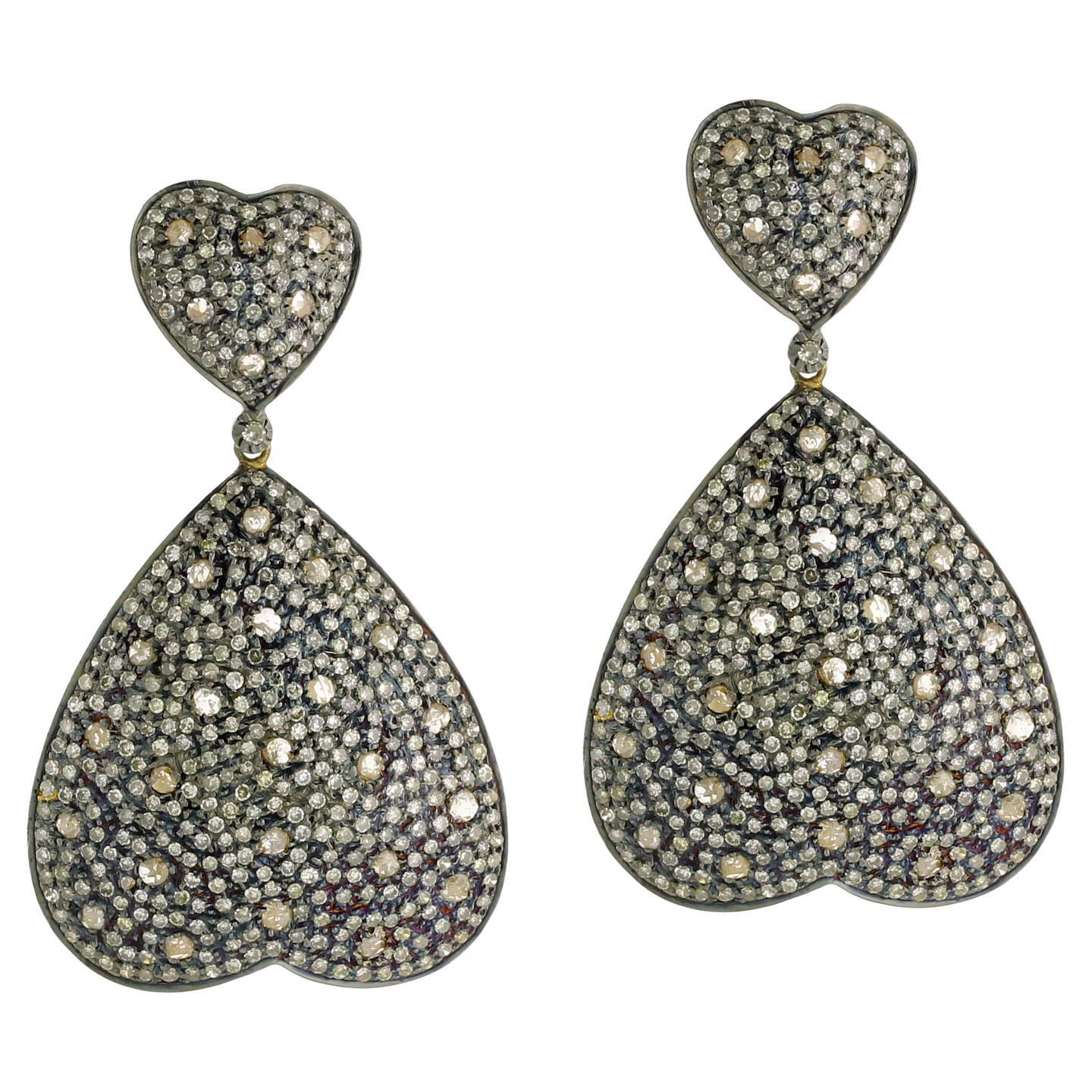 Heart Shaped Dangle Earrings with Pave Diamonds Made in Gold & Silver