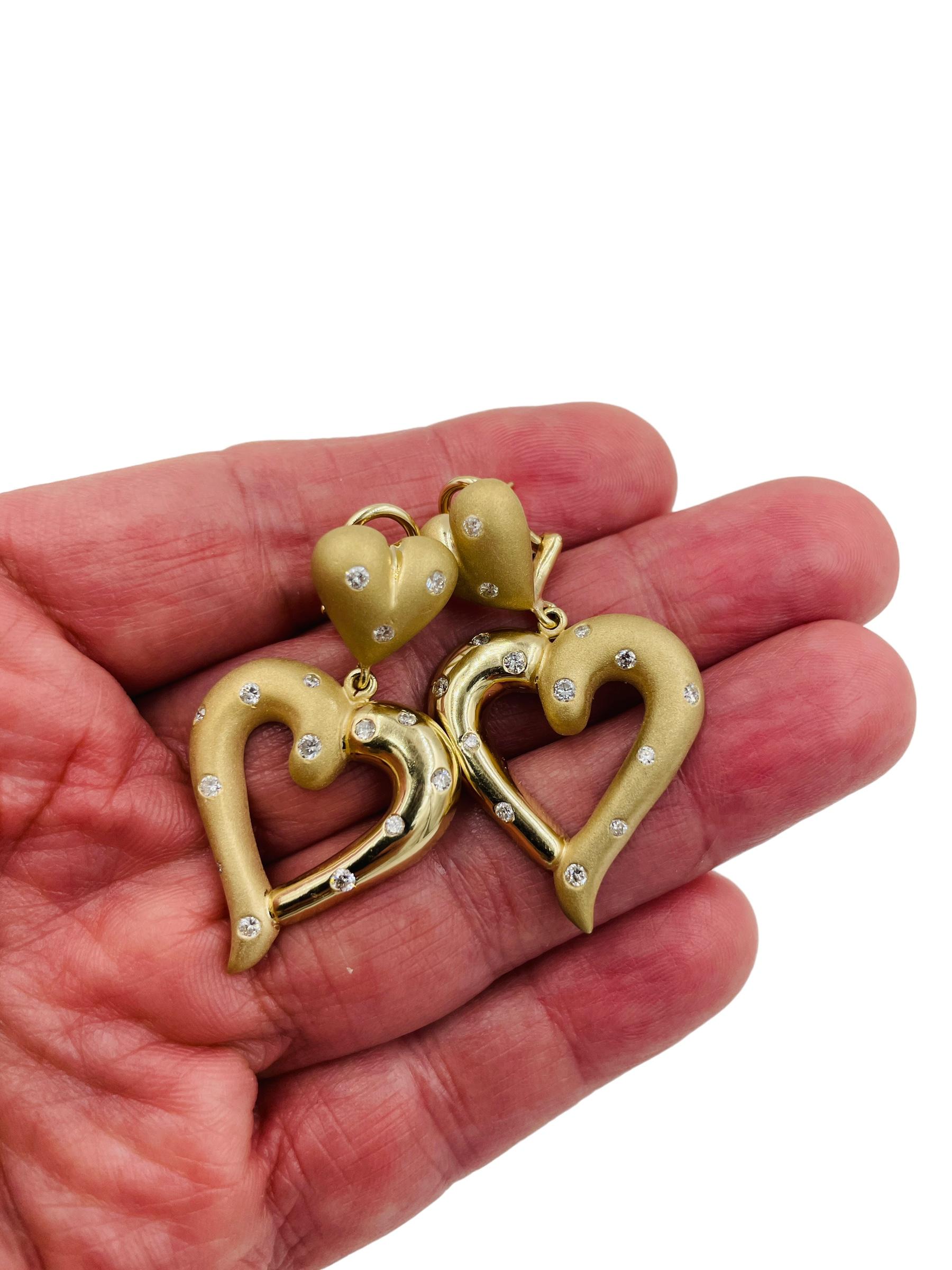 Herzförmige baumelnde Gelbgold-Diamant-Ohrringe (Zeitgenössisch) im Angebot