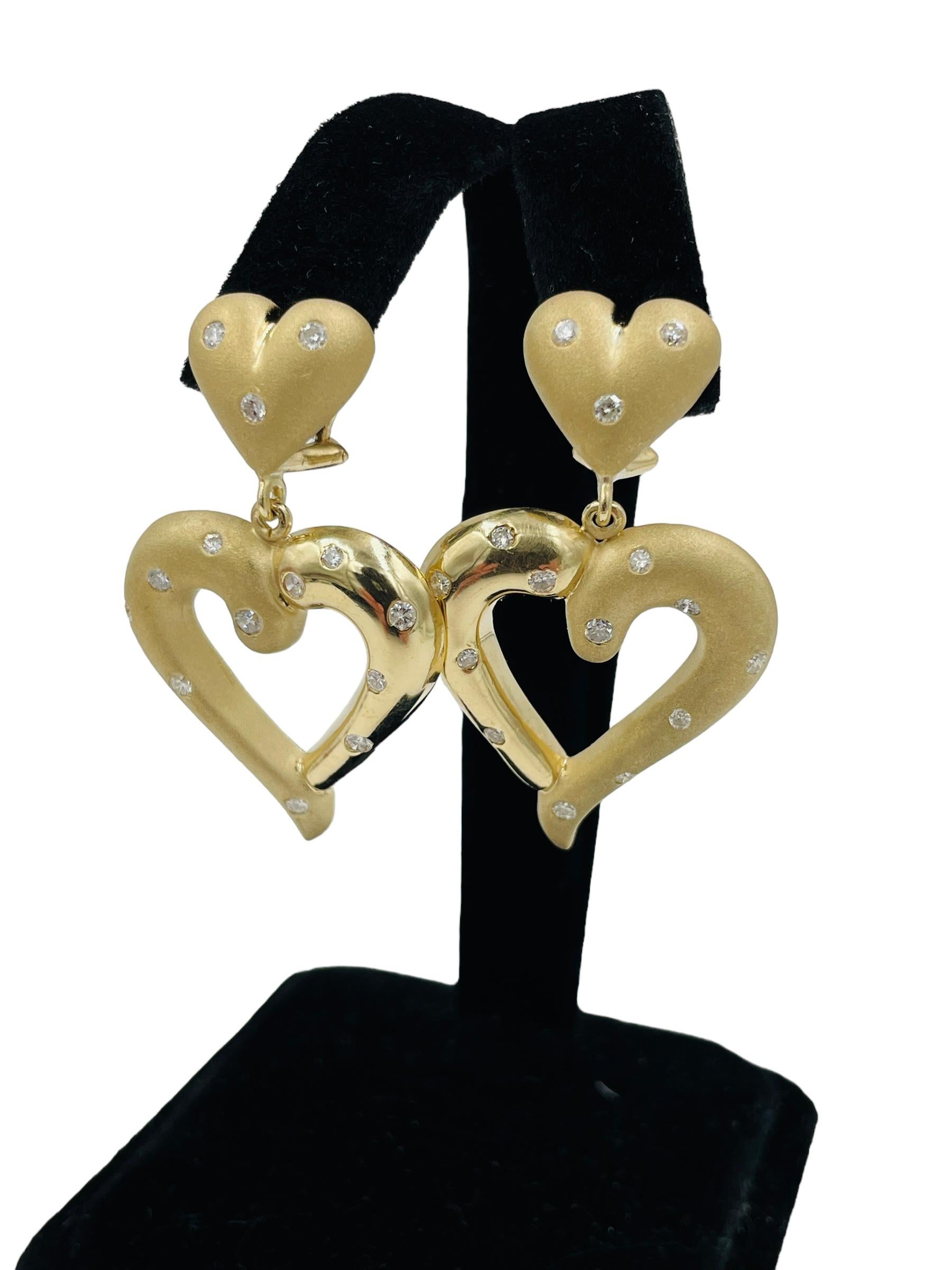 Heart Shaped Dangling Yellow Gold Diamond Earrings For Sale 1