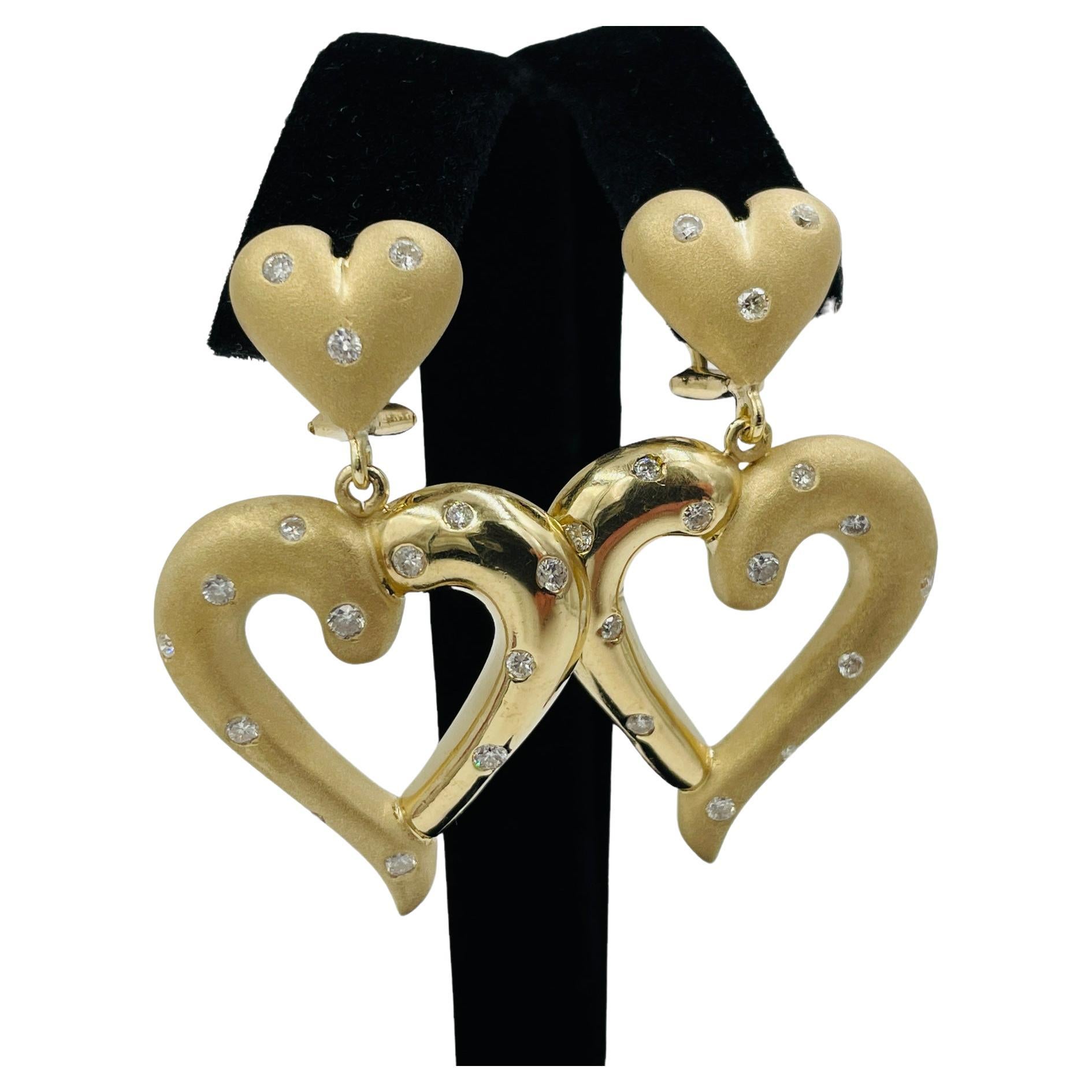 Heart Shaped Dangling Yellow Gold Diamond Earrings For Sale