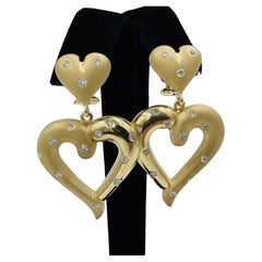 Retro Heart Shaped Dangling Yellow Gold Diamond Earrings